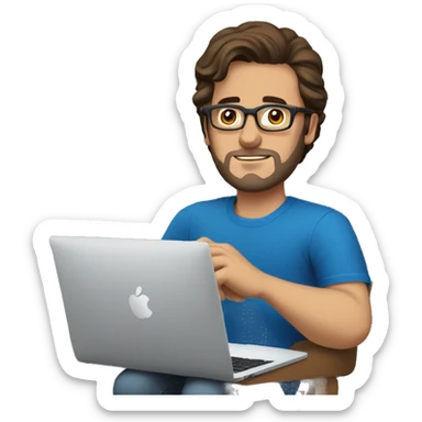 white guy dark brown hair brad pit style and square glasses typing in laptop wearing blue t-shirt sticker
