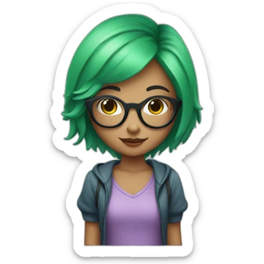 Girl with green hair and glasses holding a heart  sticker