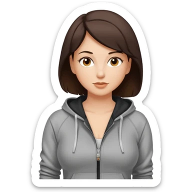 Pretty, sexy, slightly curvy white woman with short dark brown hair, wearing a tight, front zippered hoodie sticker