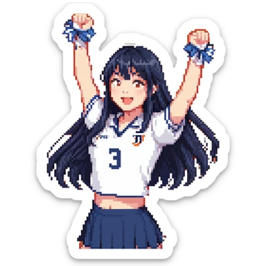 East Asian woman with long black straight hair and bangs wearing navy and white Doosan Bears team colors, cheering sticker