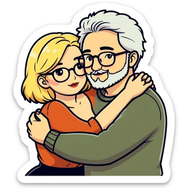 Hyper realistic couple in love, man had a salt and pepper hair and a short stubbly beard. The lady is blonde and curvy and wears glasses and makeup sticker