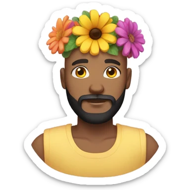 bald man with black beard and brown eyes and yellow skin with a colorful flowercrown on his head sticker