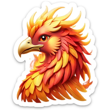 Cinematic Cute Mystical Fire Phoenix Portrait Emoji, Head tilted playfully and inquisitively, showcasing a vibrant, flame-kissed form with intricately detailed feathers in warm shades of red, orange, and shimmering gold, accented by delicate sparks and a gentle, inviting glow; rendered with lifelike detail and soft, radiant light, high shine, enchanting and spirited, styled with a touch of mythic whimsy, soft glowing outline, capturing the essence of a mischievous yet endearing phoenix poised to flutter playfully into your heart! sticker