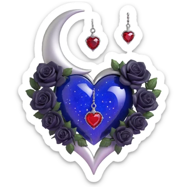 gothic heart, midnight blue glass, silver crescent moon, tiny black roses, shimmering stardust, blood red teardrop gem sticker