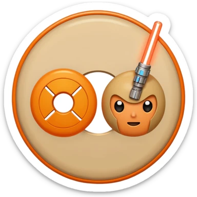 Two beige circles squished together , with a orange light saber  sticker
