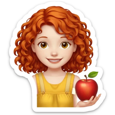 girl with shoulder length curly apple red hair with brown eyes and pale skin smiling sticker