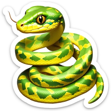 cinematic-green tree python-realistic-full-body-coiled-emoji,-thick-scaled-body-looped-tightly,-intricate-yellow and white-patterned-scales-reflecting-light,-head-tilted-dramatically,-cute-eyes-staring-calmly,-simplified-yet-realistic-focused-feature sticker