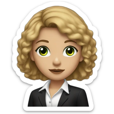 Vertaalresultaat A light skinned girl with a short brown lock of hair in front of her face with green eyes wearing a black suit and black shoes and black pants sticker