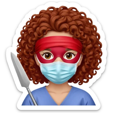 Lilith symbol seductress evil surgeon. Hair curly, and brown. Long curly brown hair. Red surgical mask and hair covering. She works for cartel and kills  with a scalpel. sticker