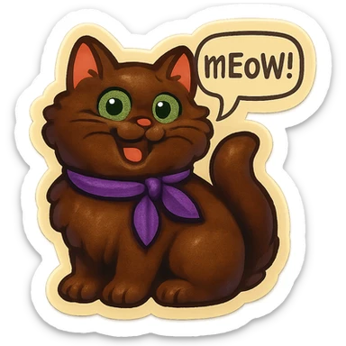 Fluffy cute derpy silly smiling happy funny dark-brown cat with green eyes and a purple scarf saying ‘mEoW~!’ (With a speech bubble) sticker
