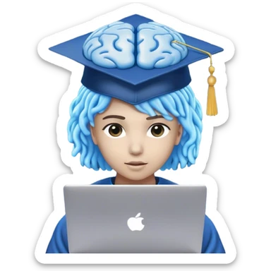 "A human figure (🧑) wearing a graduation cap (🎓), symbolizing learning, with a glowing blue brain (🧠) representing artificial intelligence. The person is sitting in front of a laptop (💻), deep in coding or AI research. Small circuit-like patterns or floating binary code (101010) surround the figure, indicating advanced digital skills. The expression on the face is focused and determined. No magical effects, just a clean and modern tech-inspired design. The background is plain white sticker