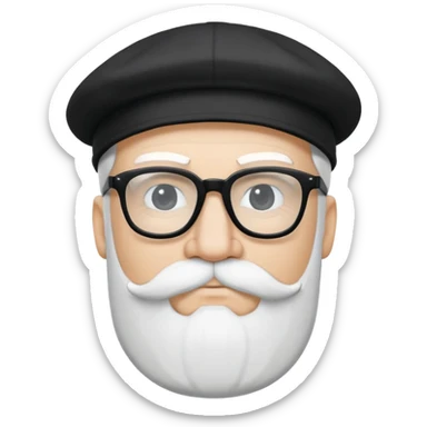 the face of a man with a mustache and short white beard, black glasses, and a black cap that says The Raven Man Cave in white handwritten letters sticker