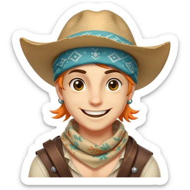 Clash of Clans aesthetic Playful Pirate Portrait Emoji, Head tilted with a roguish, cheeky grin and twinkling eyes, featuring a compact, spirited build with a jaunty hat and a quirky bandana, his natural skin tone evident, Simplified yet irresistibly charming features, highly detailed, glowing with a warm, inviting oceanic glow, high shine, spirited and lively, stylized with an air of whimsical maritime mischief, soft glowing outline, capturing the essence of a playful pirate exuding friendly rogue charm! sticker