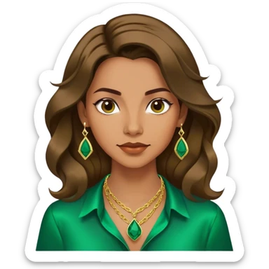 Emoji femenino con cabello suelto corto hasta los hombros castaño oscuro con ondas. Tono de piel bronceado. Viste camisa satinada verde esmeralda y lleva tres collares color dorado. Diseño minimalista. sticker