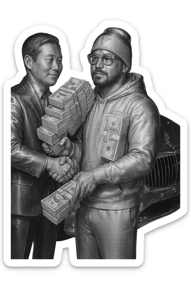 Add an Asian man shaking hands with the main person, both holding realistic money in their hands. Keep the Maybach car in the background. The main person has white skin tone, black goatee and facial hair, wearing a white hoodie, white sweats, white Louis Vuitton beanie, and Cartier glasses. Apply a chrome effect on everything except the money. Match the style and pose of the reference image. sticker