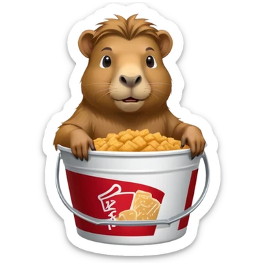 Muscular capybara with Johnny Depp features, goatee, long hair, sitting in a KFC bucket sticker