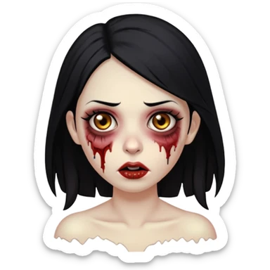Make an emoji of a zombie woman with black hair, almond-shaped brown eyes and a labret piercing on her left lip. sticker