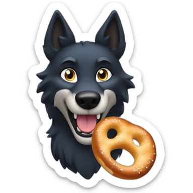 black wolf with blue eyes eats a bretzel sticker