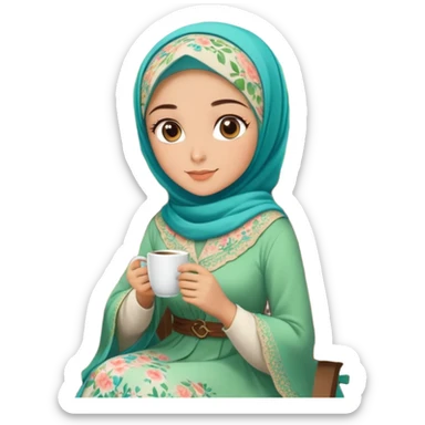 Turkish beautiful finish Konya girls blue eyes with Beautiful light brown green floral hijab long tail dress and in a lovely garden sits on the chair on the ground and holds cup coffe with her hand  sticker