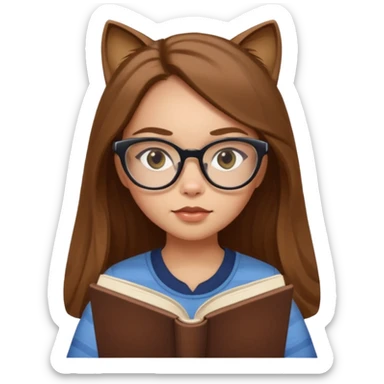 ACB clean beautiful girl long brown hair, wear glasses cat eye, reading a book sticker