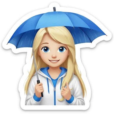 Cinematic realistic emojis in the form of a blonde girl with a joyful smile, long hair, blue eyes, wearing a white hoodie, holding an umbrella over her from the rain sticker
