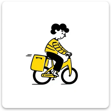 A courier on a yellow bicycle, wearing yellow and black clothes rides from left to right. On the back of the courier is a yellow food delivery bag sticker
