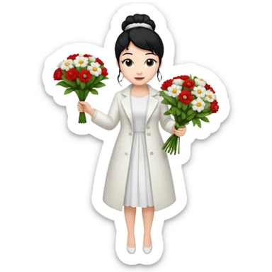 Chica blanca,cuerpo entero, vestido fiesta blanco ,manga larga ,con abrigo blanco ,pelo negro,    ramo de flores una mano, pelo recogido en moño alto sticker