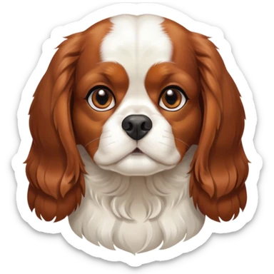 Cinematic Noble Blenheim Cavalier King Charles Spaniel Portrait Emoji, Poised and regal, with a graceful, medium build and a well-groomed Blenheim coat featuring rich chestnut and white markings, soulful brown eyes, Simplified yet sharp and sophisticated features, highly detailed, glowing with a soft, dignified glow, high shine, intelligent and affectionate, stylized with an air of elegance, focused and attentive, soft glowing outline, capturing the essence of a watchful and refined companion, so majestic it feels as though it could step out of the screen with effortless authority! sticker