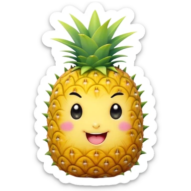 Cute Kawaii Pineapple, tiny and round, bright golden yellow with a spiky green top, chubby cheeks, playful winking expression, soft pastel textures, sweet and tropical vibes! sticker