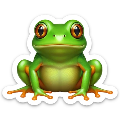 Cinematic Comical Green Tree Frog Portrait Emoji, Head tilted dramatically with an exaggeratedly amused expression, featuring a small, vibrant green body with wide, comically expressive eyes and quirky, textured skin, Simplified yet hilariously expressive features, highly detailed, glowing with a slightly sassy jungle glow, high shine, dramatic yet playful, stylized with an air of cheeky tropical mischief, soft glowing outline, capturing the essence of a meme-worthy green tree frog that looks ready to leap its way into viral fame! sticker