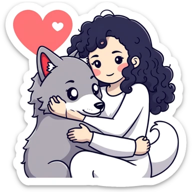 Black curly hair white skin girl hugging one big wolf with hearts above them sticker