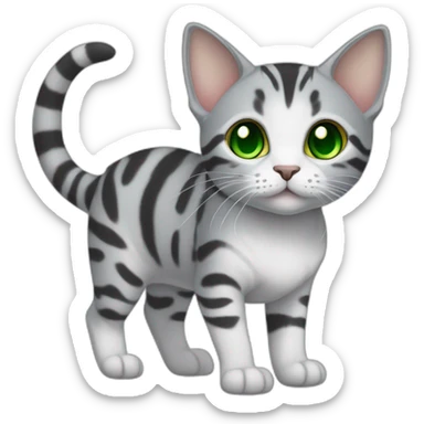 cuddly light white and grey domestic shorthair tabby with green and blue eyes black pupils, walking and playing wearing a cute costume female sticker
