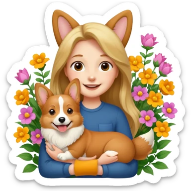 A long-haired girl holding a corgi in the flowers sticker