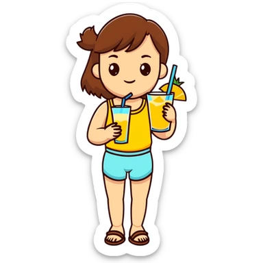 Very tan skinned girl with brown hair wearing a summer outfit sipping a piña colada sticker
