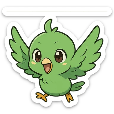 green chibi anime bird flying with wings spread, cute and energetic, chibi anime style sticker
