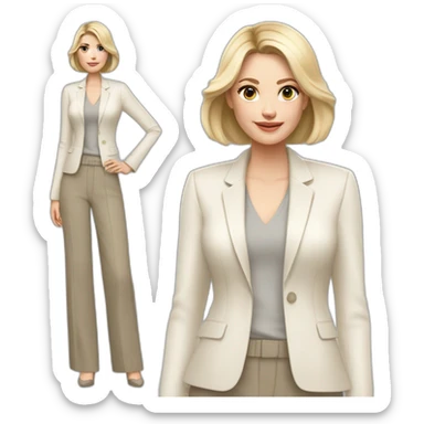 Full height Actively gesturing with hands pale skin woman with ash blonde Straightened bob Hair, White Spacious classical jacket, beige palazzo Arrow pants and gray blouse sticker