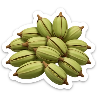 small scatter of whole cardamom pods, oval ridged shape, pale green to light brown hues, slightly wrinkled dry surface, visible seams and pointed ends, aromatic spice seeds inside, apple emoji style, soft lighting, subtle shadows, transparent background, emoji scale sticker