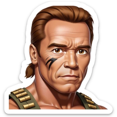 Arnold Schwarzenegger from commando poster with war makeup on sticker
