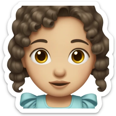 Baby with short, wavy, dark brown hair. Big blue eyes and beige bow in hair sticker