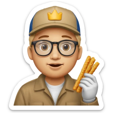 num num eatting hashbrown sticks with a trucking cap and glasses sticker