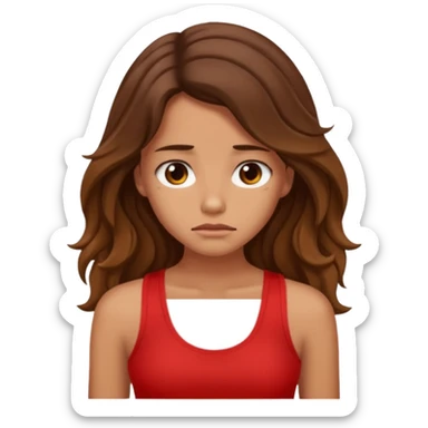generate a pretty tan bratz girl with brown wavy hair long wearing a red tank top looking sad sticker