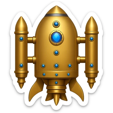 Create a back view of a gold ancient wide jetpack with very shoulder wide side rocket projectiles, no fire, with an apple style emoji look. The jetpack should have gemstone inlays on the gold surface. Remove the background. sticker