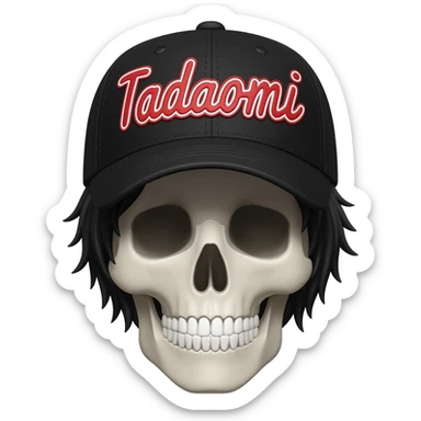 Create a skeleton head wearing a black baseball cap that says " Tadaomi " in red, and white lettering, with black hair sticker
