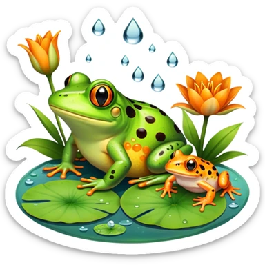 Icon for Amphibians: A colorful collage with various amphibians like a bright green frog sitting on a lily pad, a small salamander with orange spots, and a toad with bumpy skin. Water droplets around them and a pond in the background. Transparent background. sticker