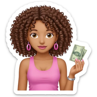 Uma menina com o cabelo cacheado é morena, e com uma regata rosa com unha em gel, é com Baby hair ,e com dinheiro na mão ,𓍢ִ໋🀦⃝🪼〰꩜ sticker