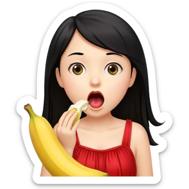 a girl with black hair and red dress rinsing mouth with pale yellow water coming out from a banana from her above sticker