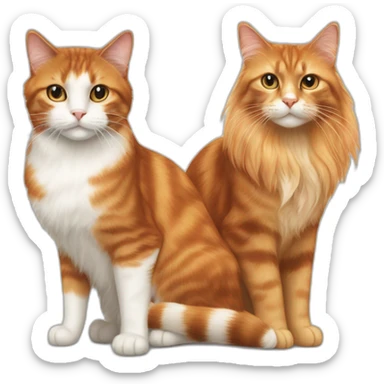 Long-haired, brown, white, and orange, calico cat next to an orange tabby cat sticker