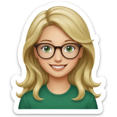 long wavy darker blonde hair woman with green eyes and glasses smiling sticker