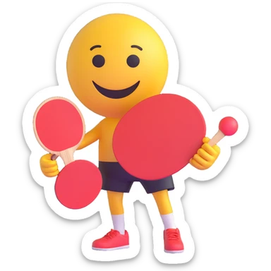 3D smiley emoji, round shape, with table tennis paddle and ball, sporty face sticker