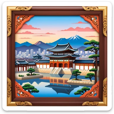 Cinematic Realistic Gyeongbokgung Palace Landmark Emoji, rendered with traditional Korean architecture, ornate wooden carvings, and vibrant colors, set against the backdrop of modern Seoul with soft evening light. sticker